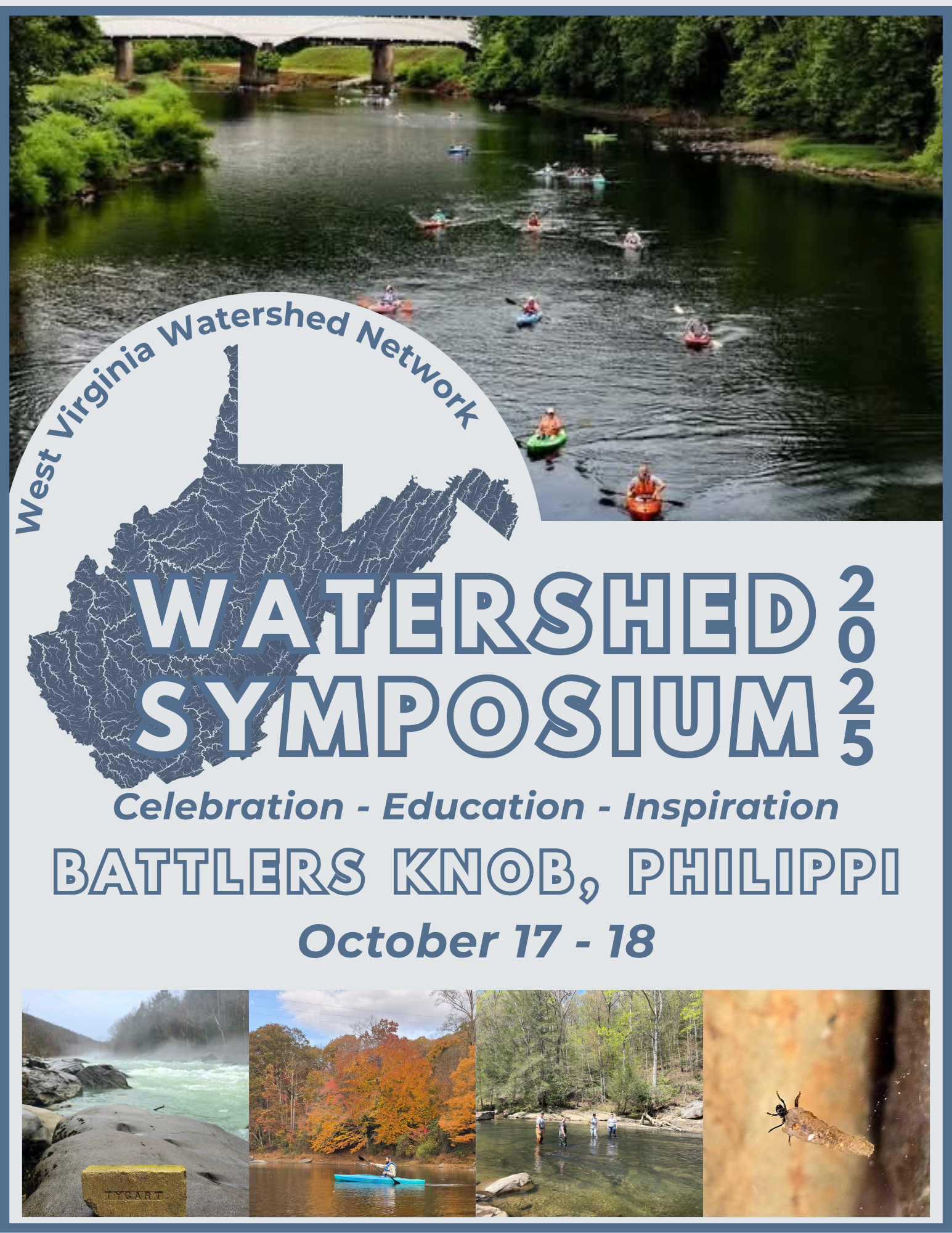 Know Before You Go Flyer: WV Watershed Network - Watershed Symposium 2025. Celebration - Education - Inspiration. Battlers Knob, Philippi, WV. October 17-18.