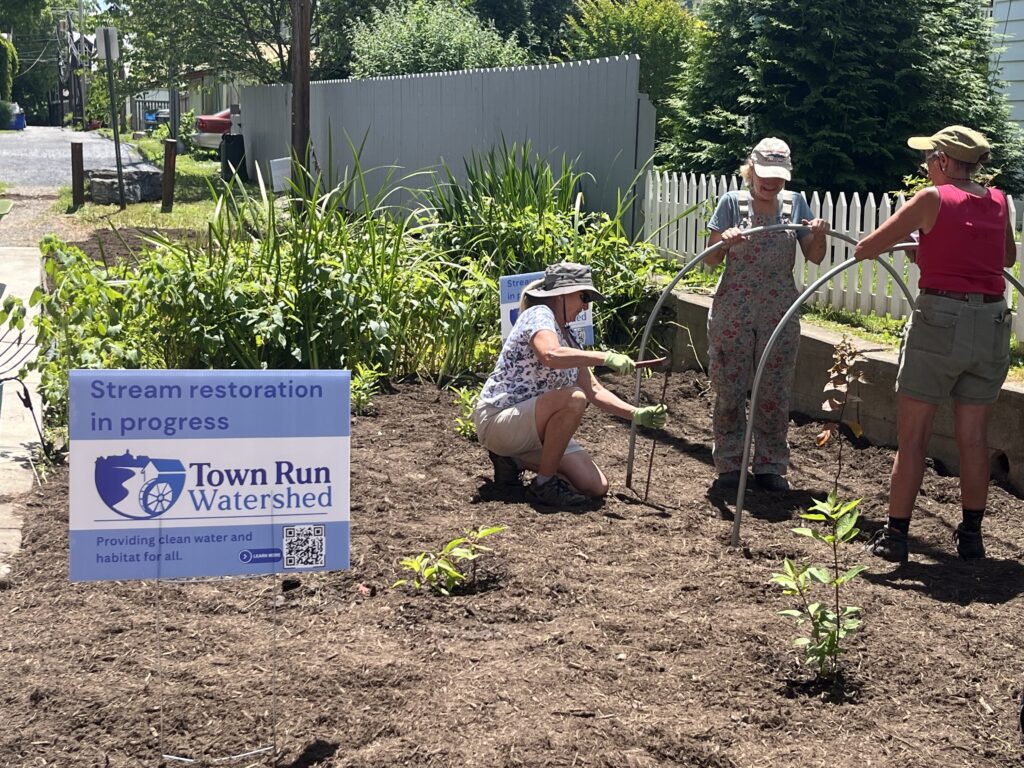 Three people installing support structures for plants next to a creek.